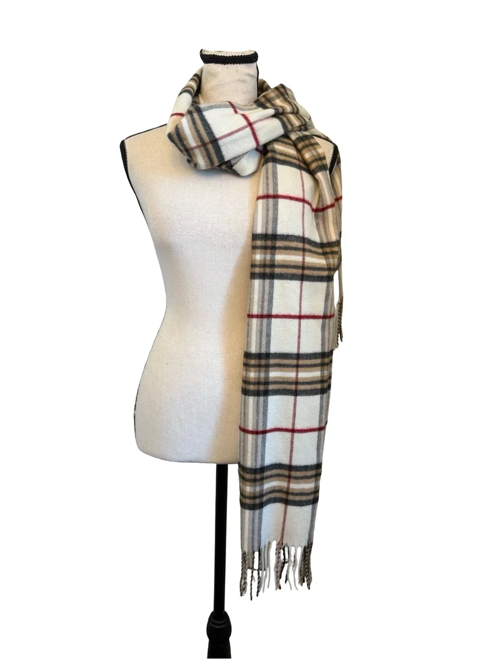 Cashmink V. Fraas Plaid Scarf Cream Beige Red Fringe Soft Wrap Made in Germany